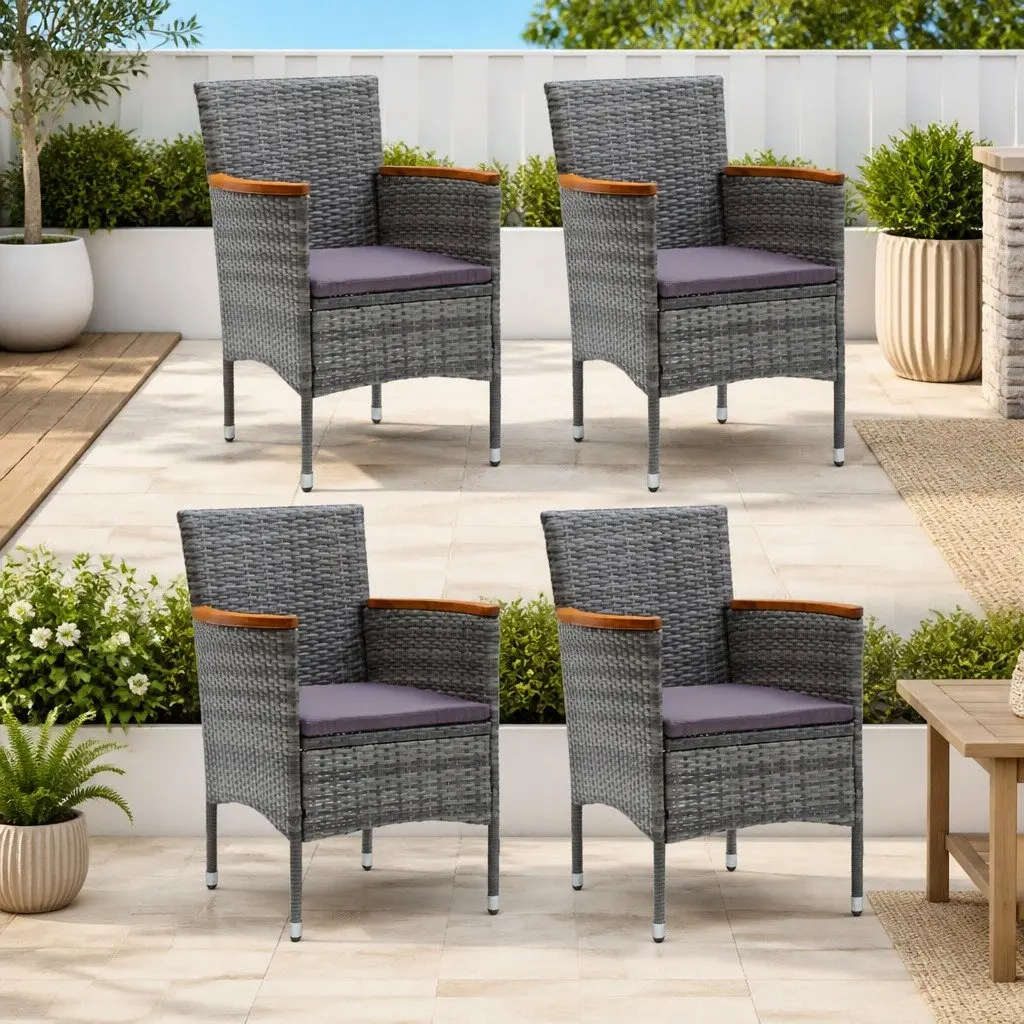 Outdoor Dining Chairs 4 pcs Grey Garden Patio Seating Rattan Armrest Cushioned