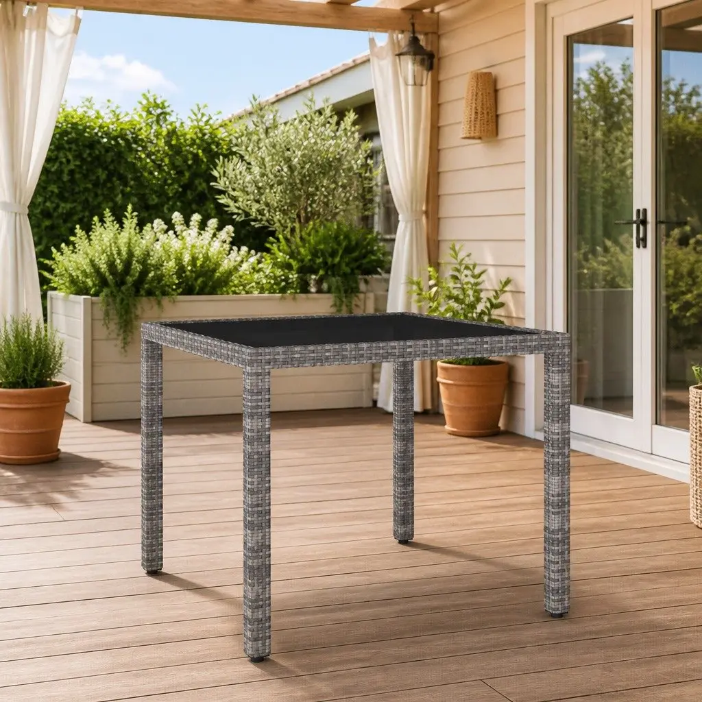 Grey Garden Table with Glass Top 90x90x75cm