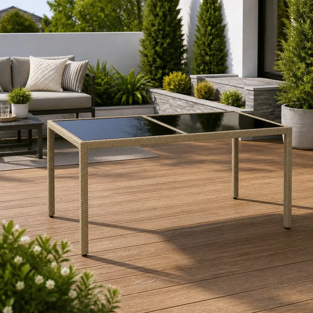 Garden Table 150x90x75cm Outdoor Patio Furniture Tempered Glass Poly Rattan