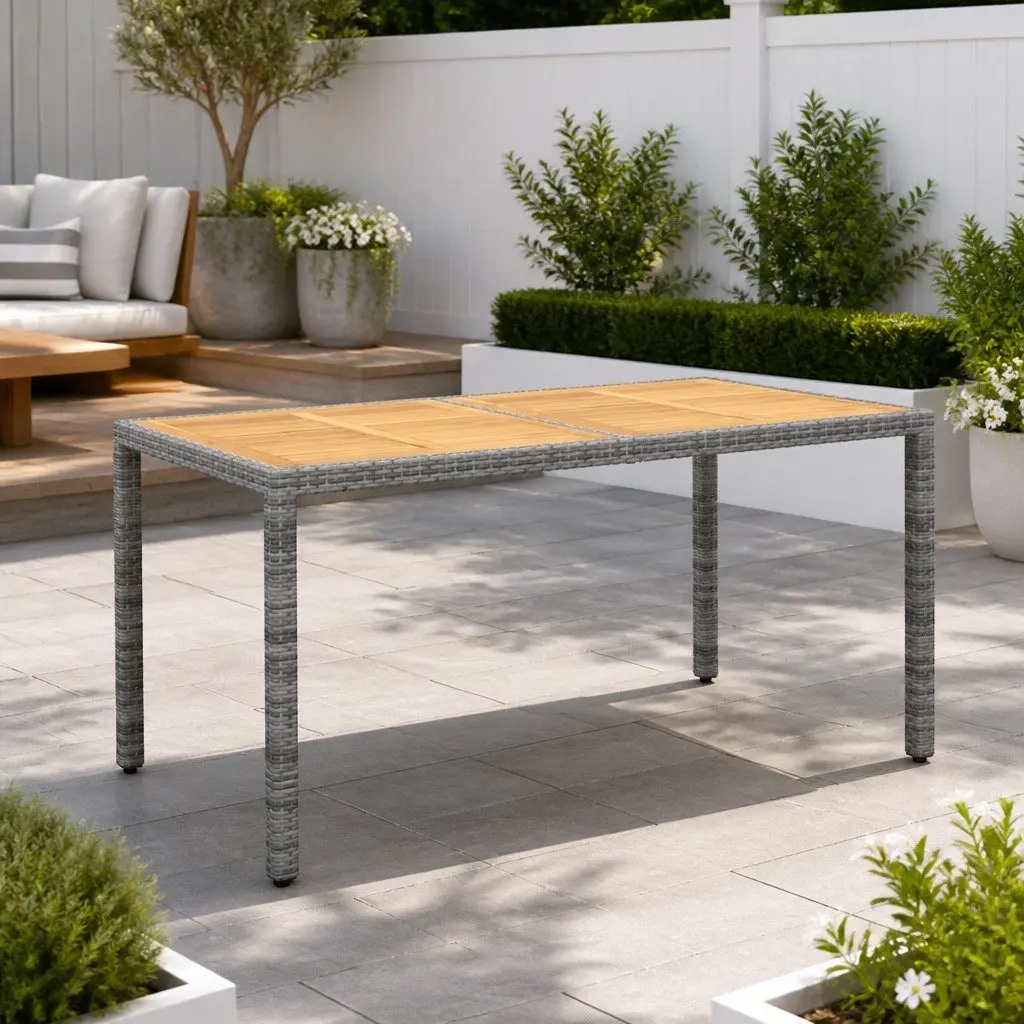 Garden Table Outdoor Living 150x90x75cm Acacia Wood Poly Rattan Grey