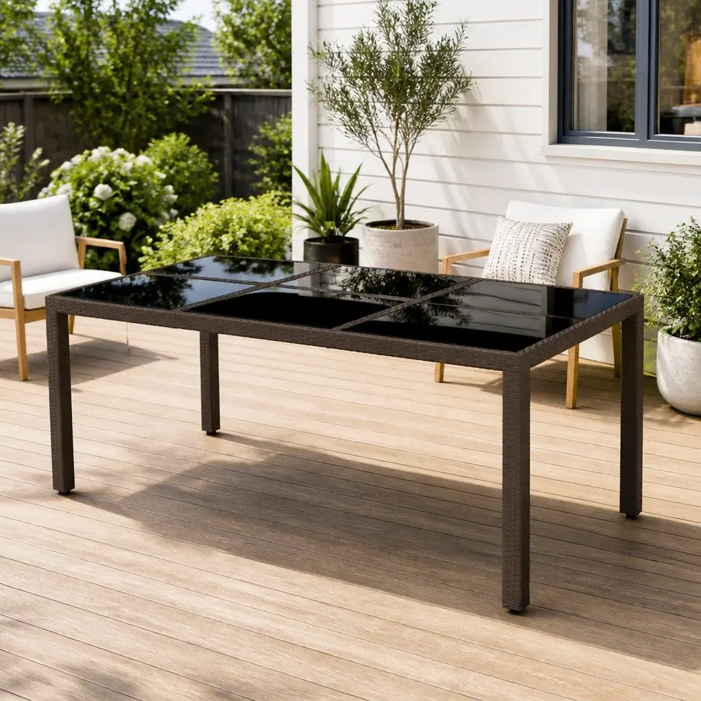 Garden Table Outdoor Dining 190x90x75cm Brown Poly Rattan Tempered Glass