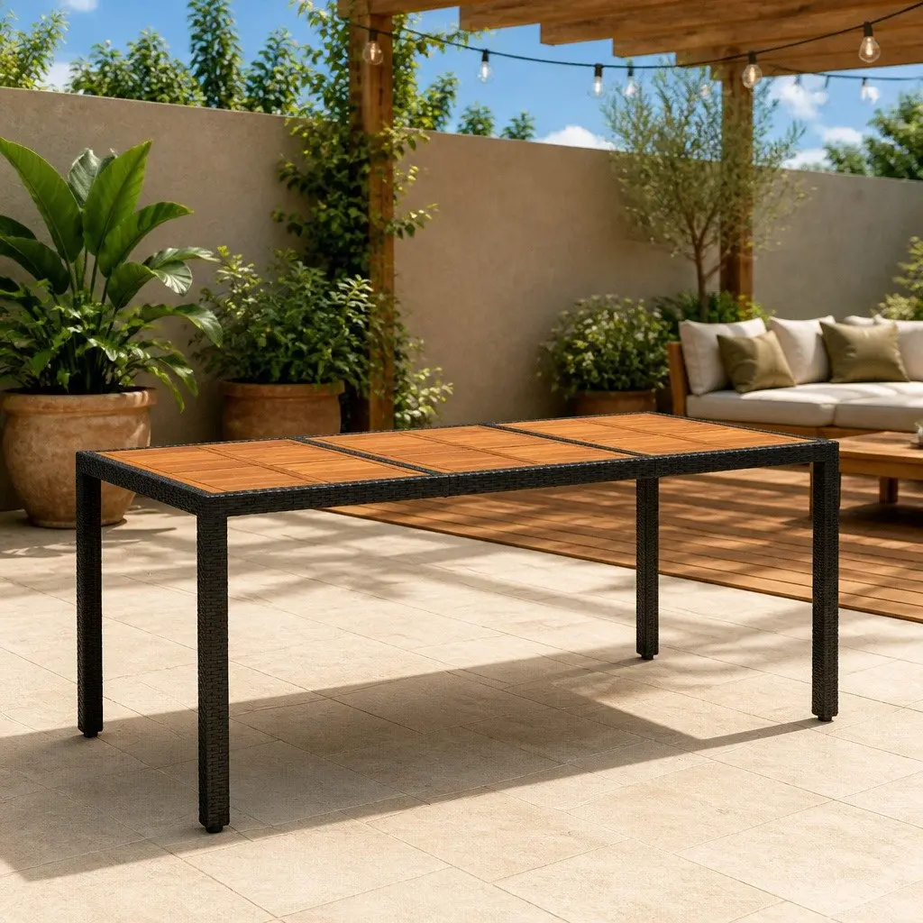 Patio Outdoor Dining Table 190x90cm Acacia Wood Poly Rattan Steel Frame Black