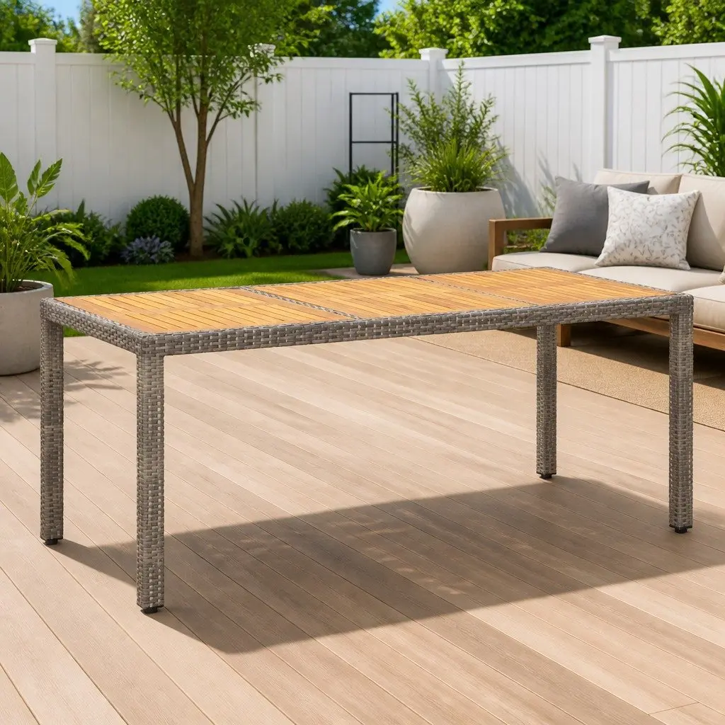 Garden Dining Table Grey 190x90x75cm Outdoor Rattan Acacia Wood Patio Furniture