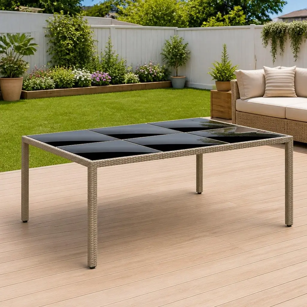 Garden Table Outdoor Patio 200x150cm Tempered Glass Top Poly Rattan Frame Beige