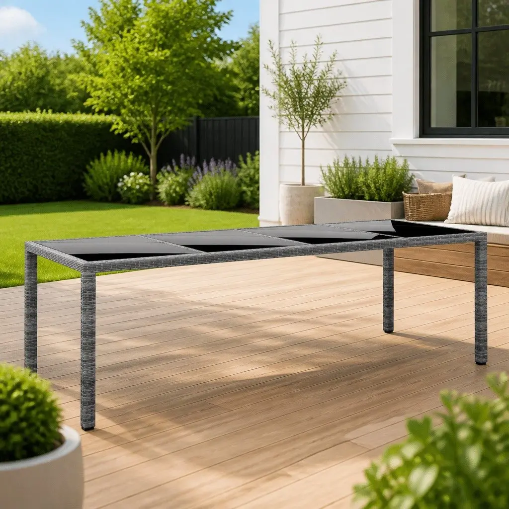 Garden Table Outdoor Dining 250x100cm Grey Poly Rattan Glass Top