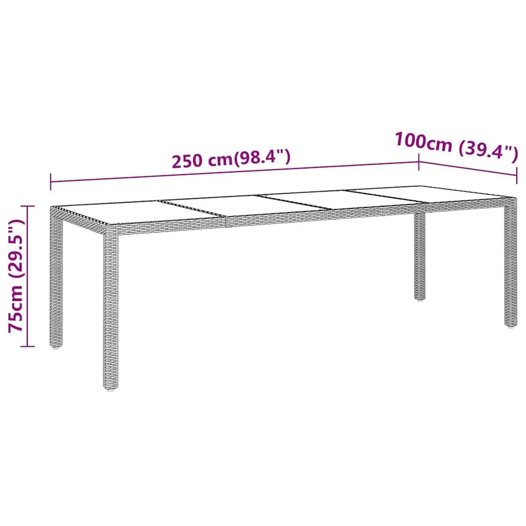 Garden Table Outdoor Dining 250x100cm Grey Poly Rattan Glass Top