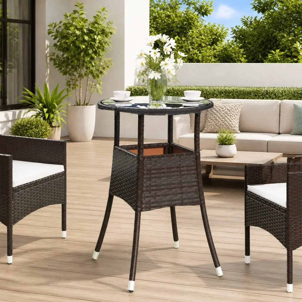 Garden Table Outdoor Patio Furniture Ø60cm Brown Tempered Glass Top Poly Rattan
