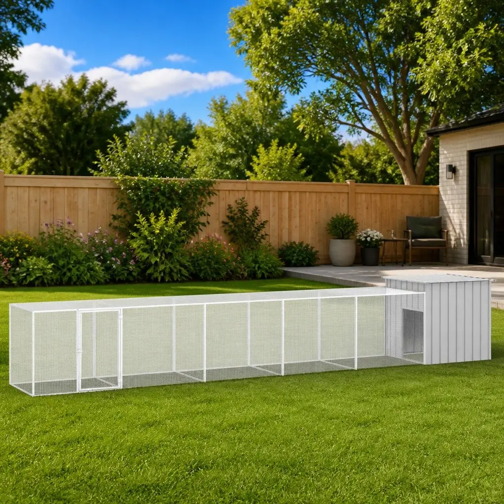 Chicken Cage Outdoor Small Animal Habitat Run Coop Grey Galvanised Steel 600 x 91 x 100 cm