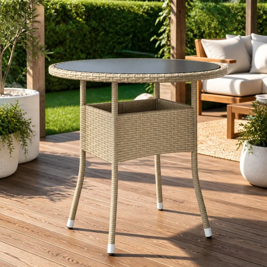Garden Table Ø80cm in Beige with Glass Top