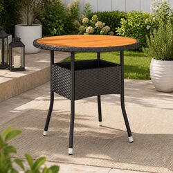 Garden Table Round Ø80x75cm Acacia Wood Poly Rattan Patio Outdoor Furniture