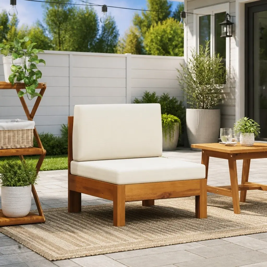 Middle Sofa Section Outdoor Use Solid Acacia Wood Cream Cushions