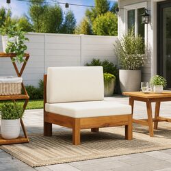 Outdoor Middle Sofa Cream Cushions Solid Acacia Wood Garden Sectional Lounge