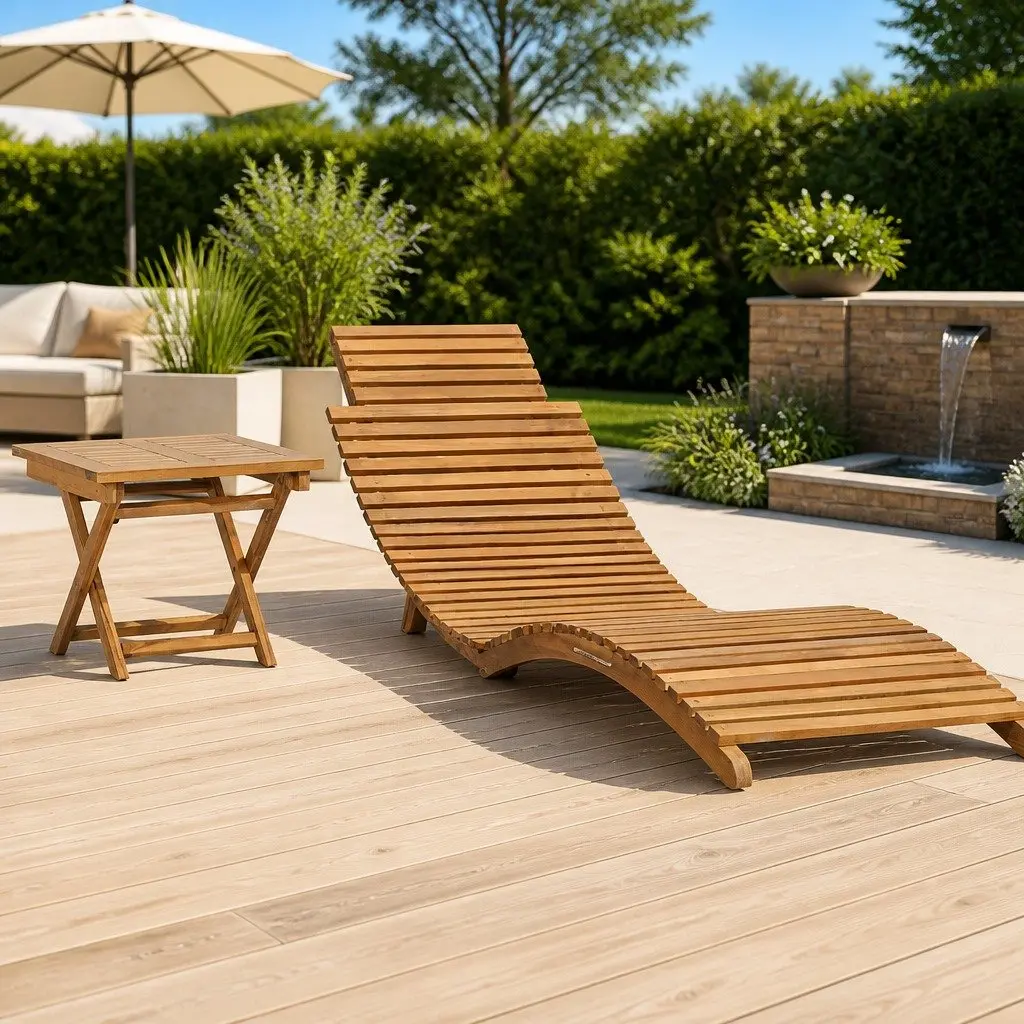 Folding Sun Lounger with Table Wooden Garden Patio Outdoor Recliner Chair