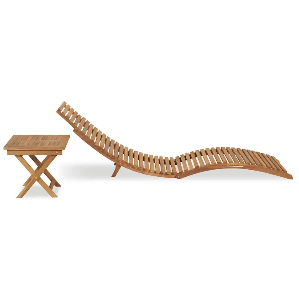 Folding Sun Lounger with Table Wooden Garden Patio Outdoor Recliner Chair
