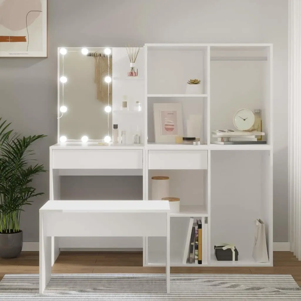 Dressing Table Set LED Mirror White Vanity Stool Storage Makeup