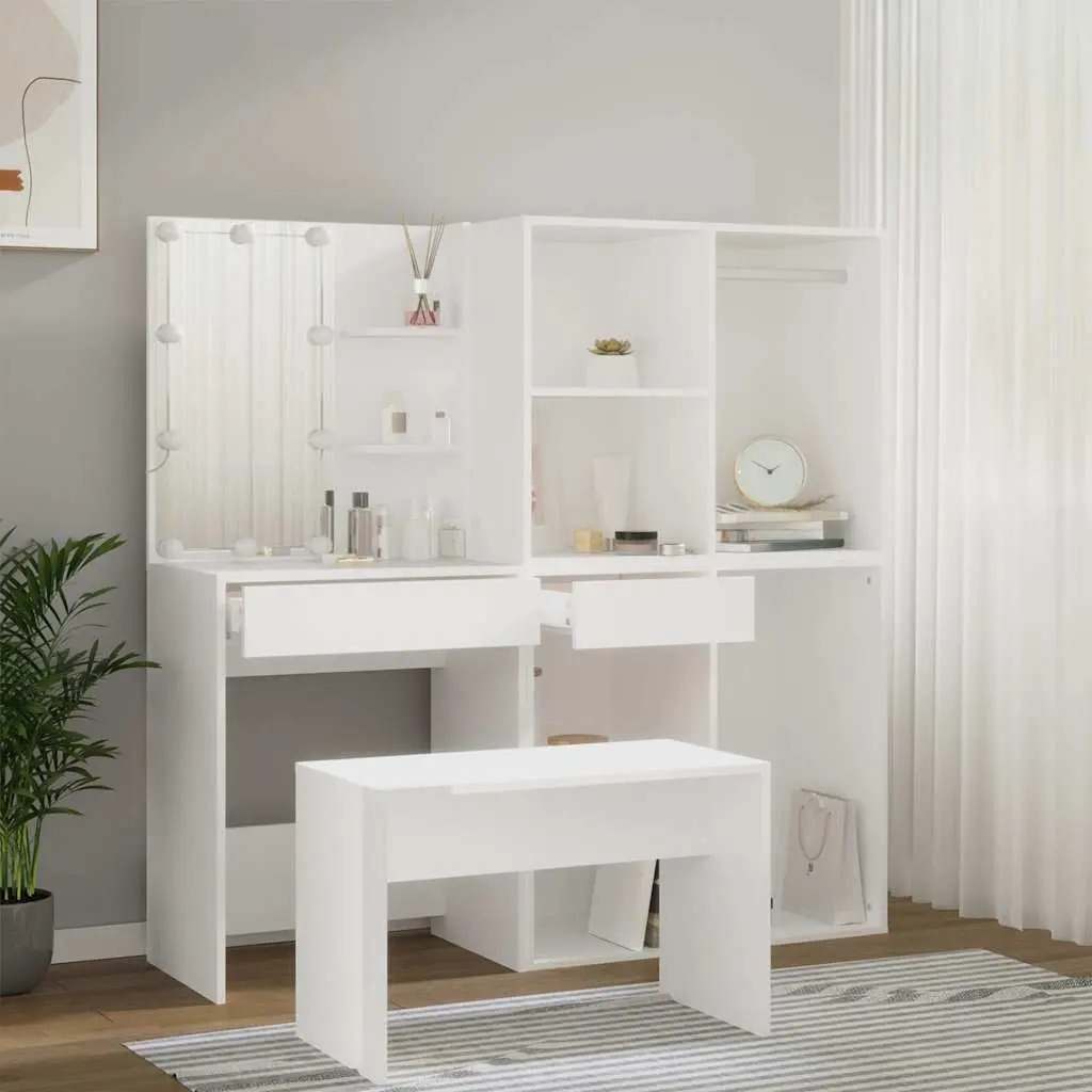 Dressing Table Set LED Mirror White Vanity Stool Storage Makeup
