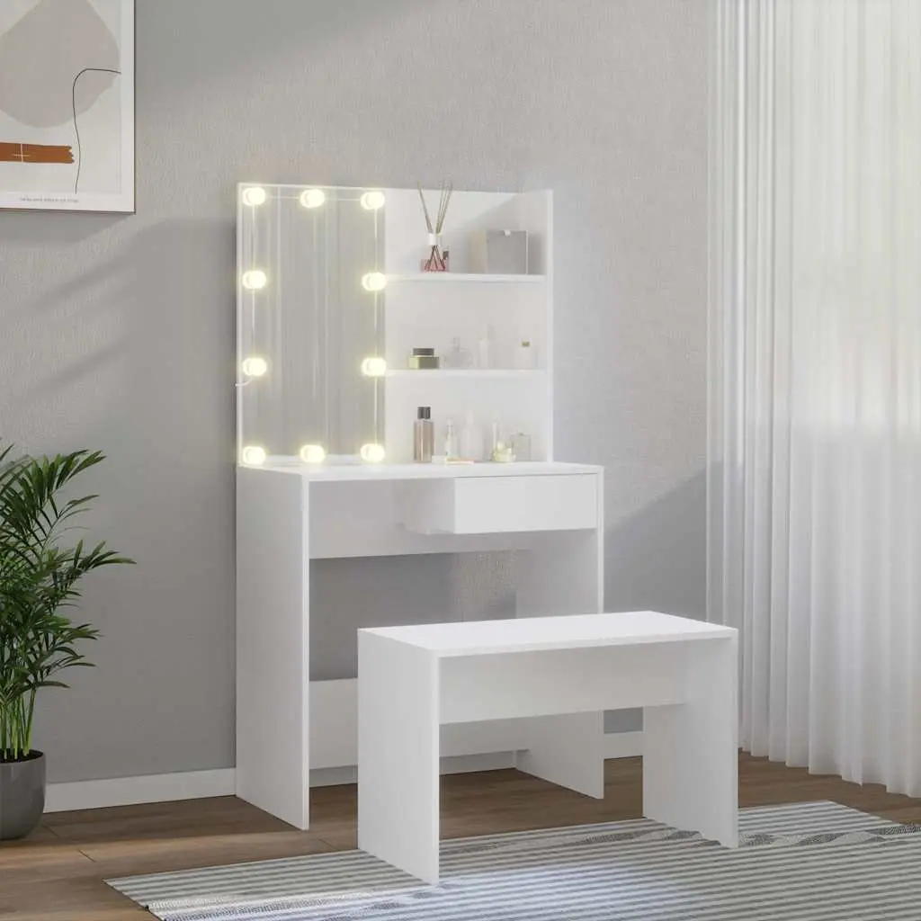 Dressing Table Set LED Mirror White Bedroom Vanity Storage Stool