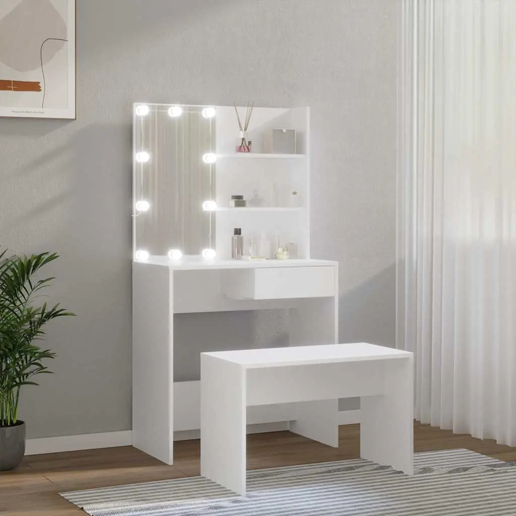 Dressing Table Set LED Mirror White Bedroom Vanity Storage Stool