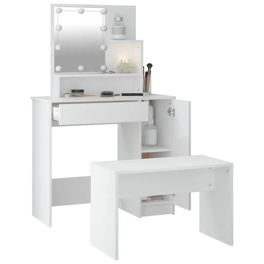 Dressing Table Set LED Mirror White Bedroom Vanity Stool Storage Makeup