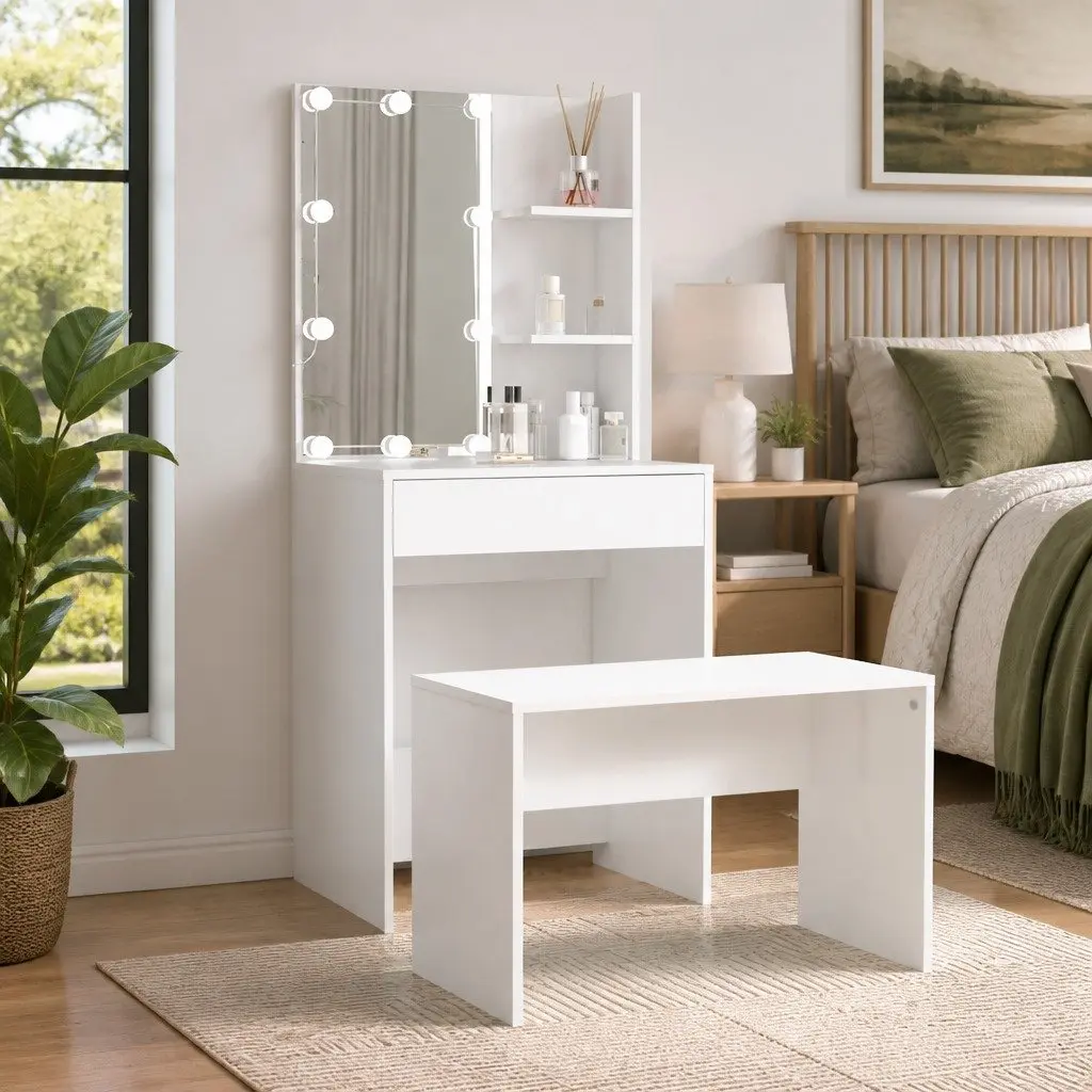 Dressing Table Set LED Mirror White Vanity Storage Stool Makeup