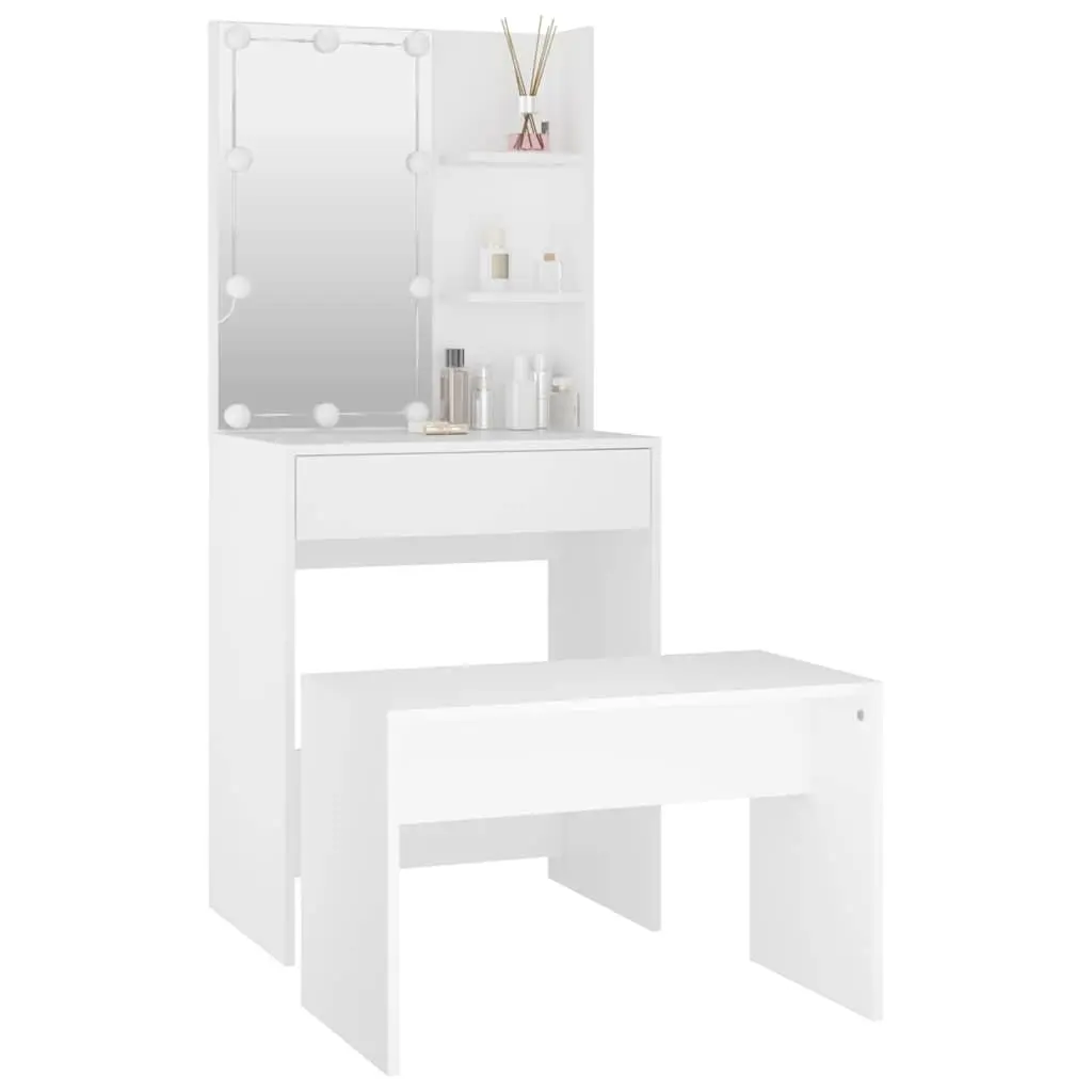 Dressing Table Set LED Mirror White Vanity Storage Stool Makeup