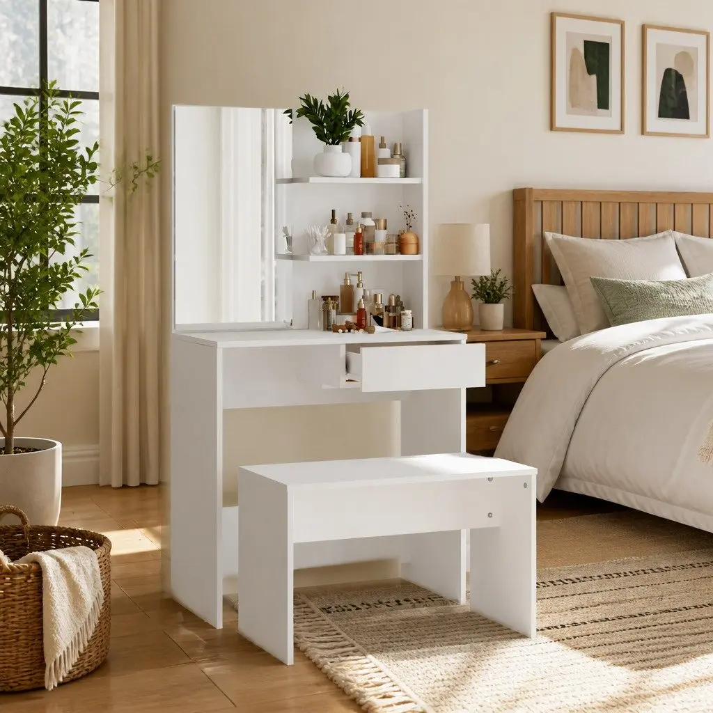 White Dressing Table Set with Matching Stool
