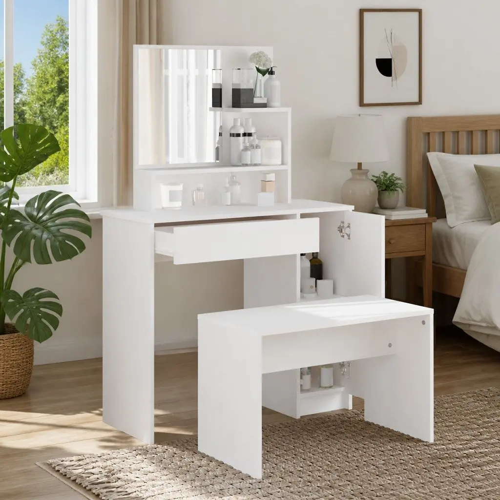 Dressing Table Set White Bedroom Vanity Mirror Stool Storage Makeup Cosmetics