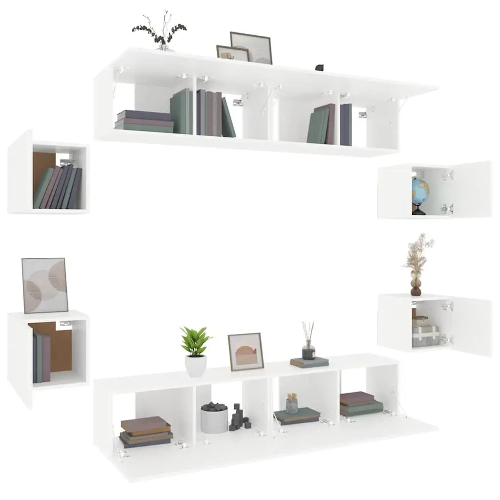 Wall-Mounted Storage Unit TV Cabinet Set 8 Piece Engineered Wood White