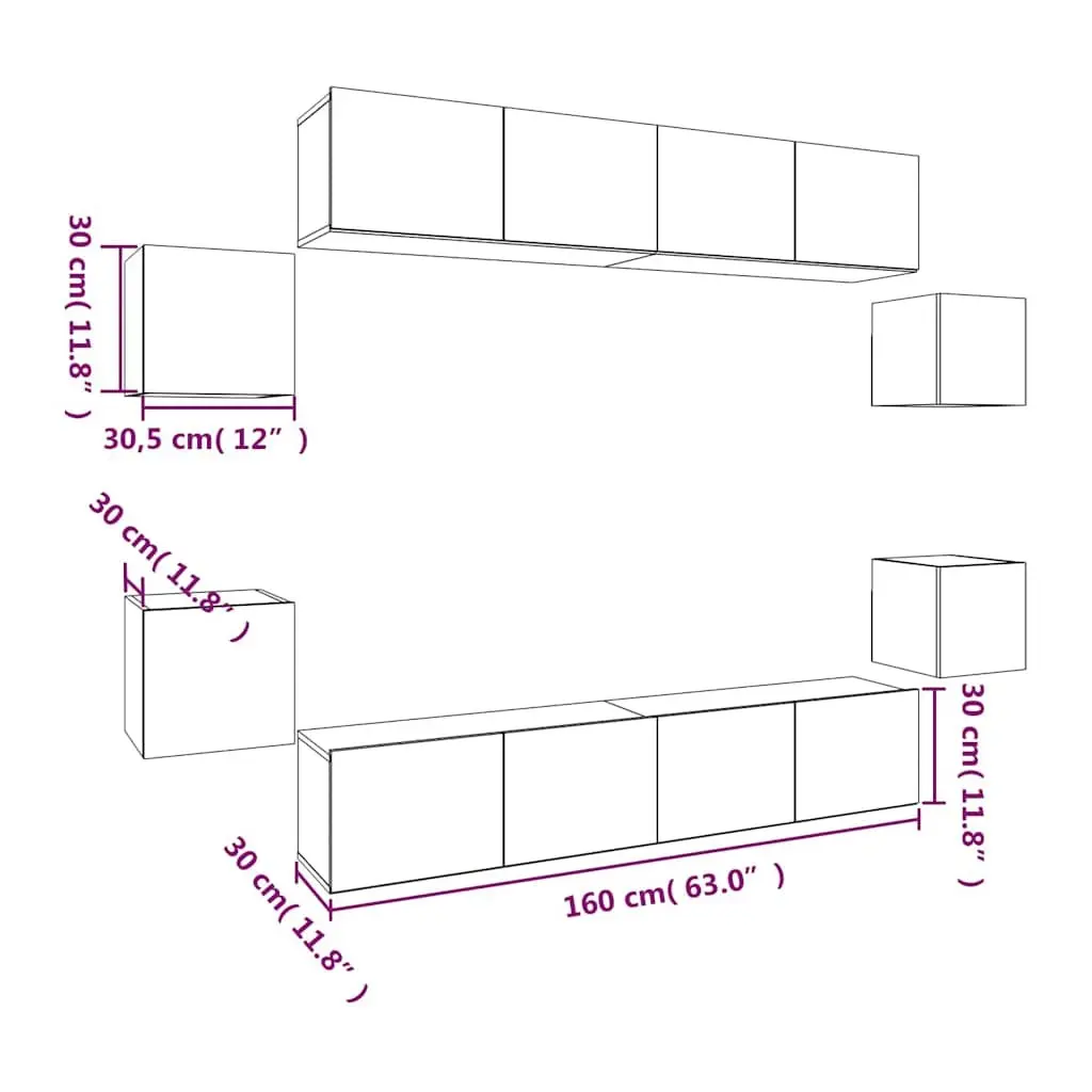 Wall-Mounted Storage Unit TV Cabinet Set 8 Piece Engineered Wood White