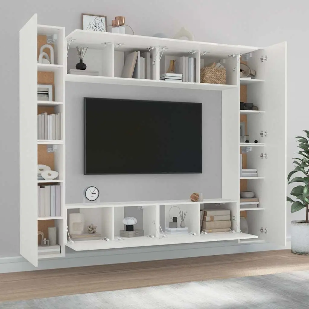 TV Cabinet Set 8 Piece Wall-Mounted Storage Unit White Engineered Wood Furniture