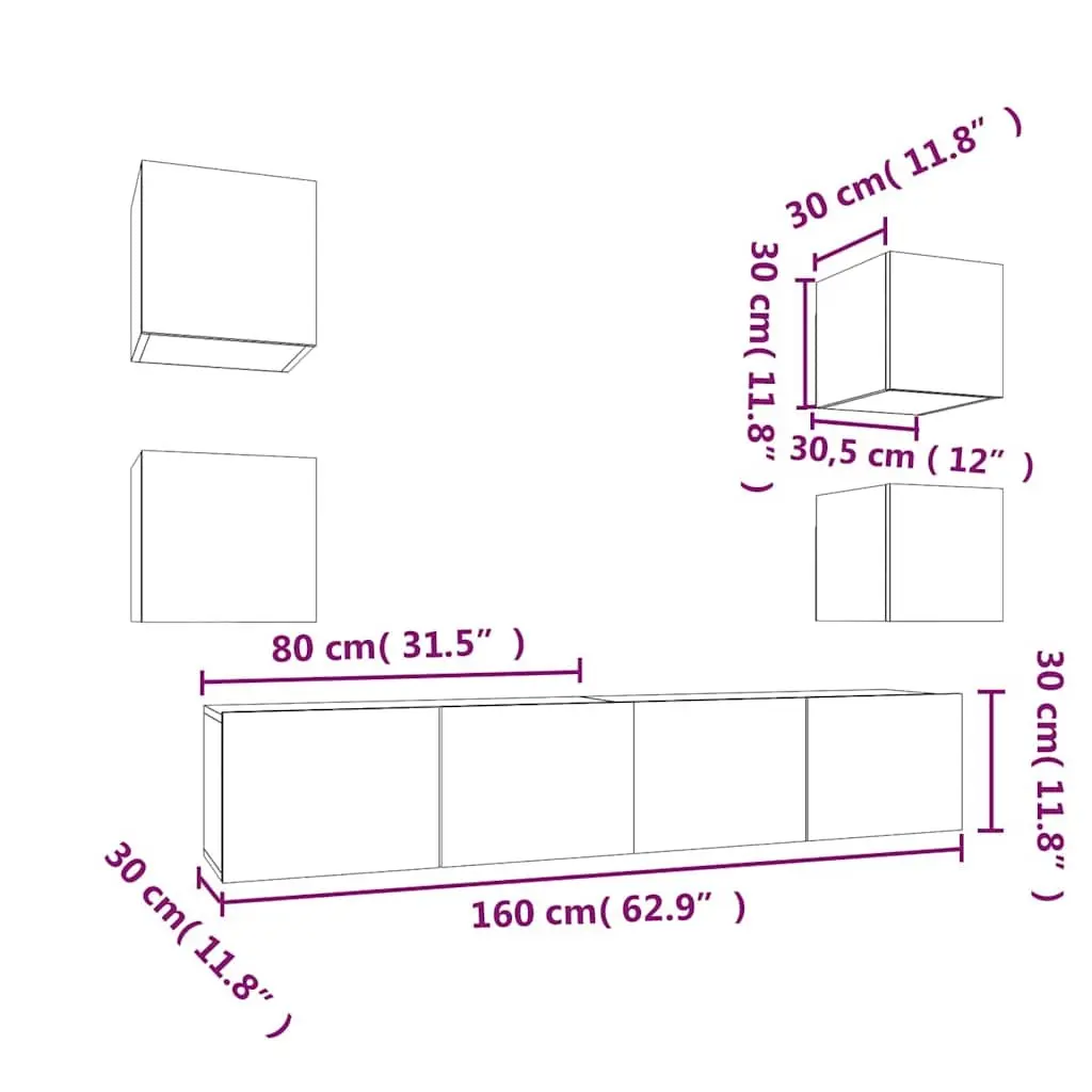 White TV Cabinet Set 6 Piece Wall-Mounted Engineered Wood Storage Unit