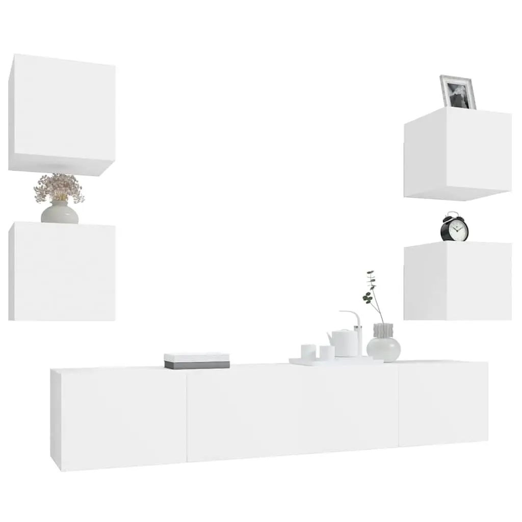 White TV Cabinet Set 6 Piece Wall-Mounted Engineered Wood Storage Unit