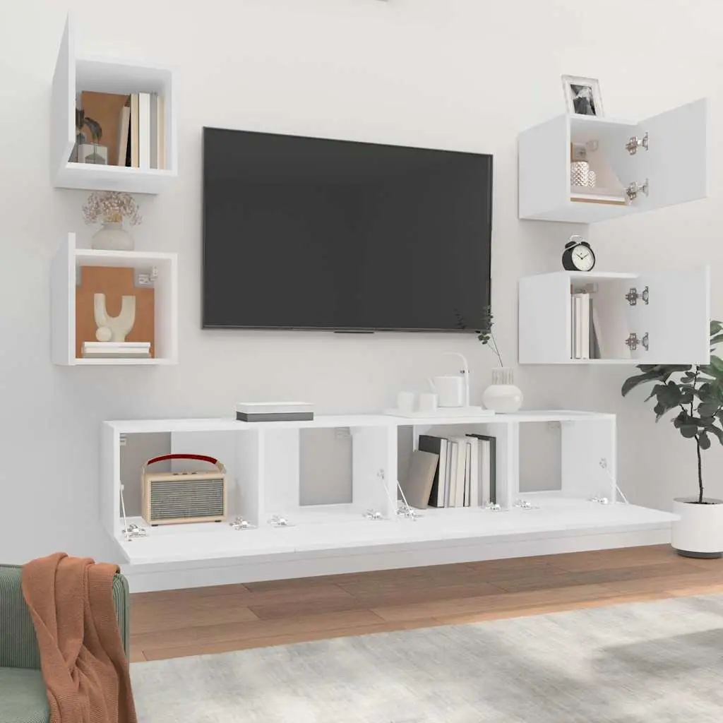 White TV Cabinet Set 6 Piece Wall-Mounted Engineered Wood Storage Unit