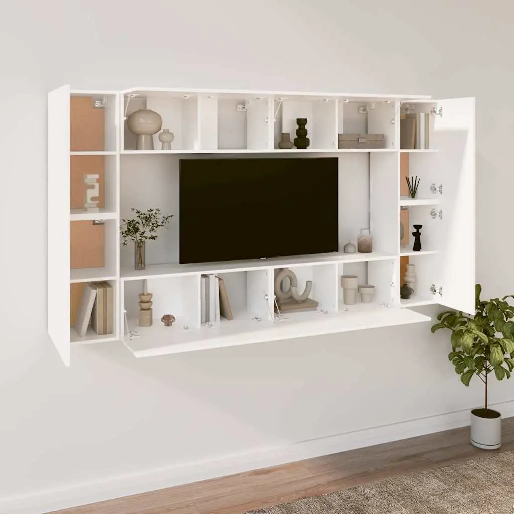 White Engineered Wood TV Cabinet Set 8 Piece Wall-Mounted Storage Unit
