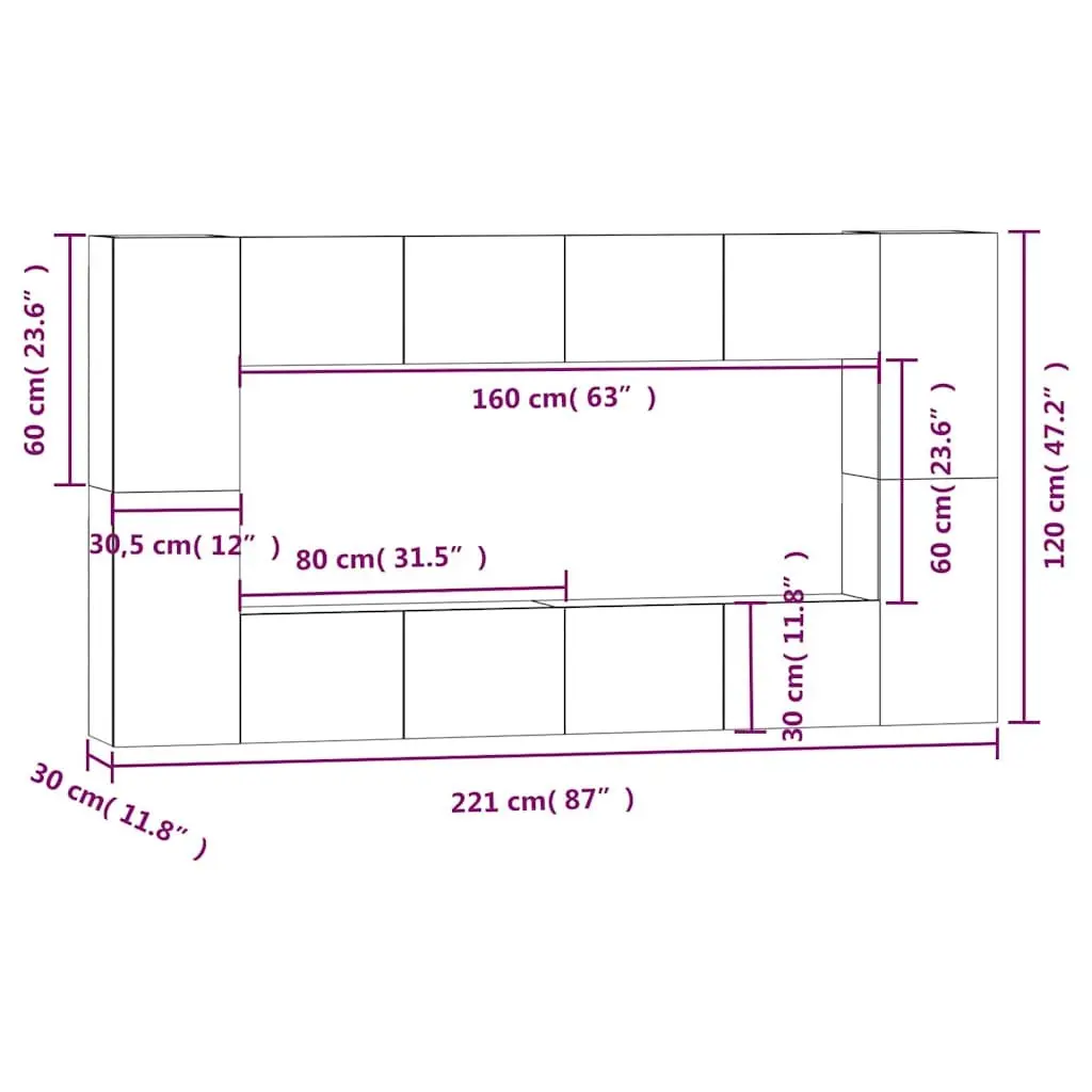 White Engineered Wood TV Cabinet Set 8 Piece Wall-Mounted Storage Unit