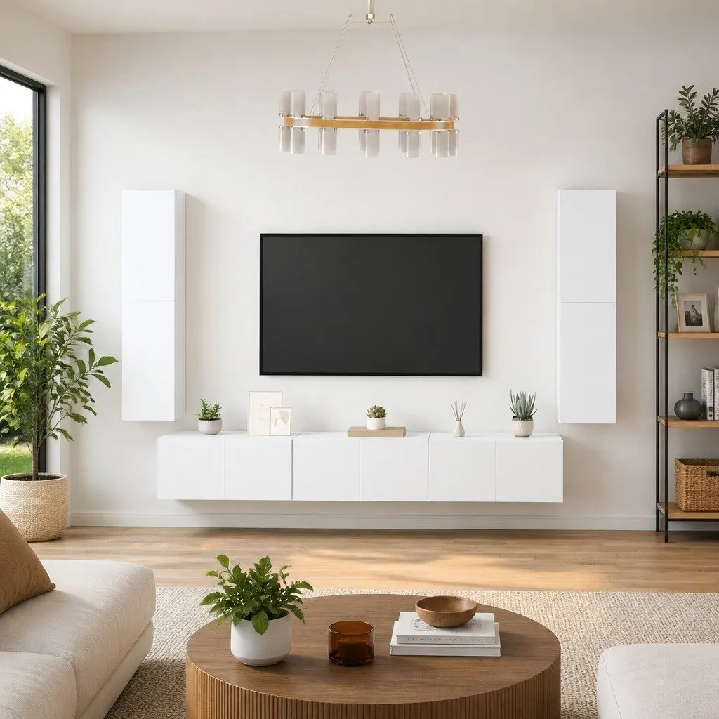 7 Piece Wall-Mounted Storage Unit White Engineered Wood TV Cabinet Set