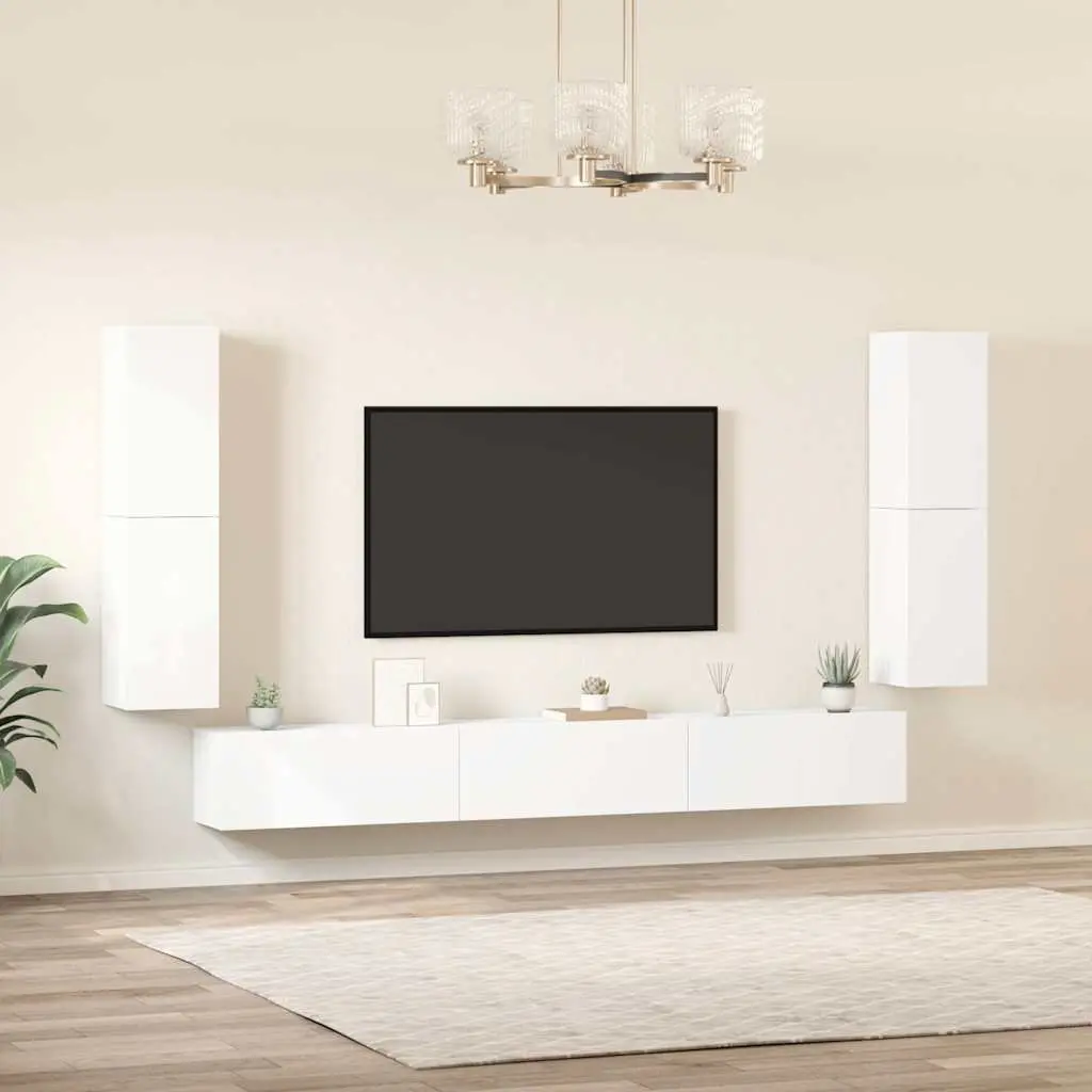 7 Piece Wall-Mounted Storage Unit White Engineered Wood TV Cabinet Set