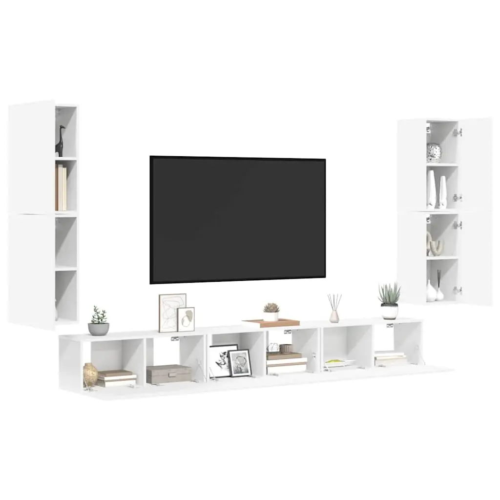 7 Piece Wall-Mounted Storage Unit White Engineered Wood TV Cabinet Set