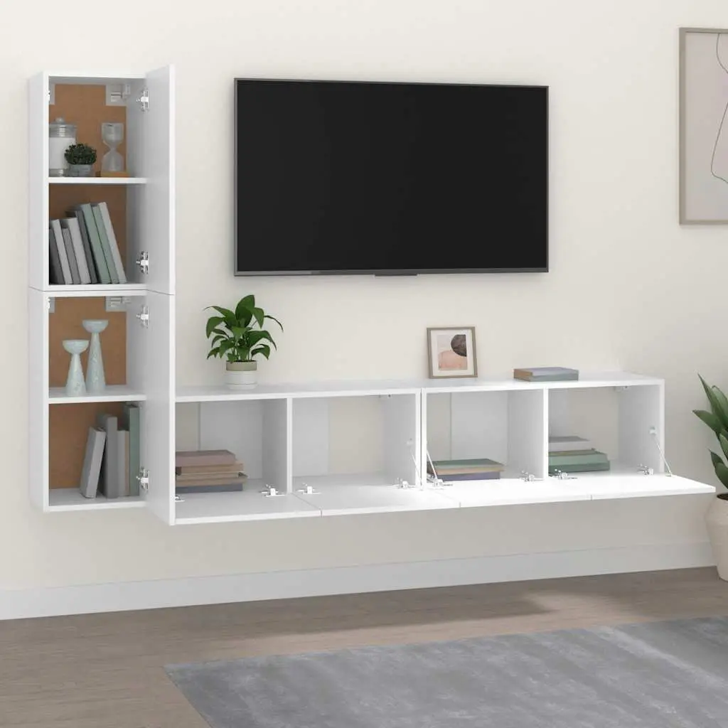 TV Cabinet Set 4 Piece Wall Mounted Storage Unit White Media Organiser