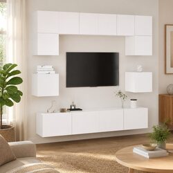 TV Cabinet Set 8 Piece White Wall-Mounted Media Storage Unit Engineered Wood