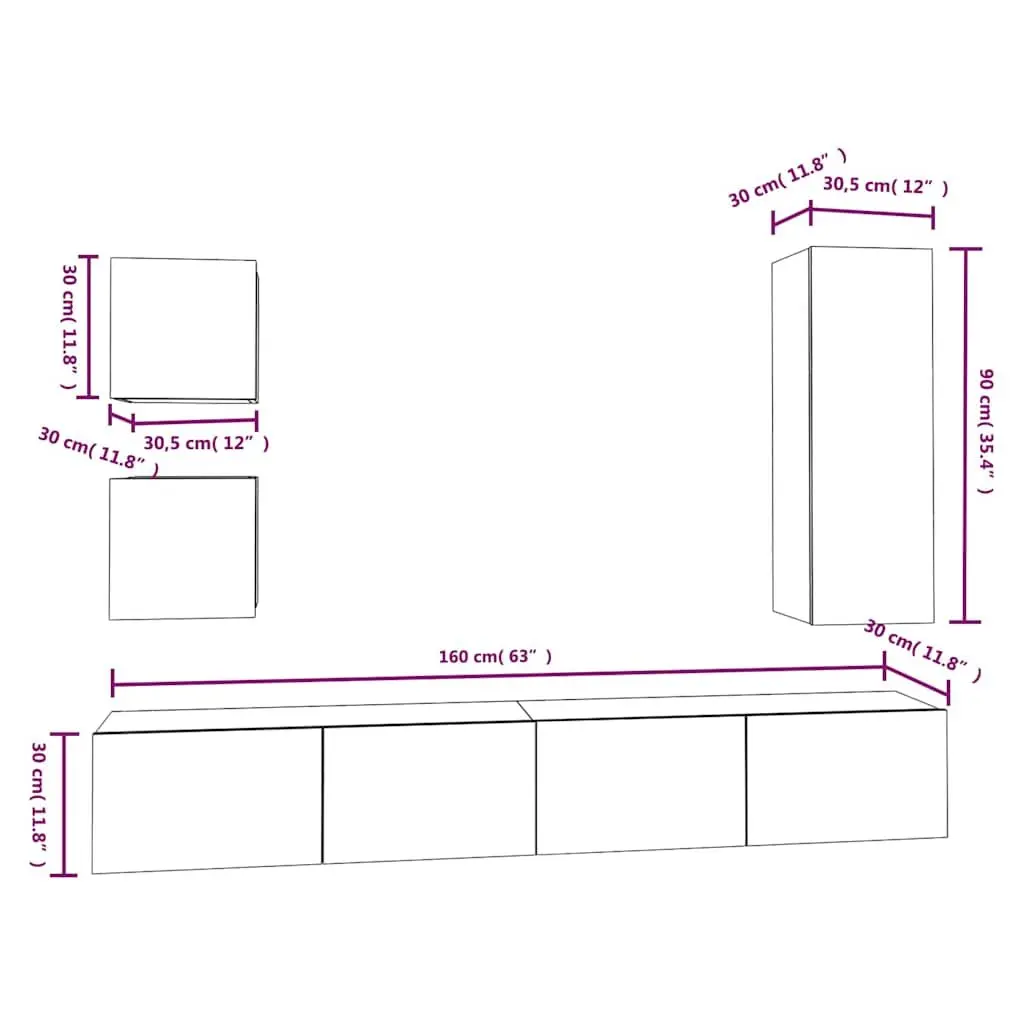 5 Piece TV Cabinet Set White Wall Mounted Storage Unit Engineered Wood
