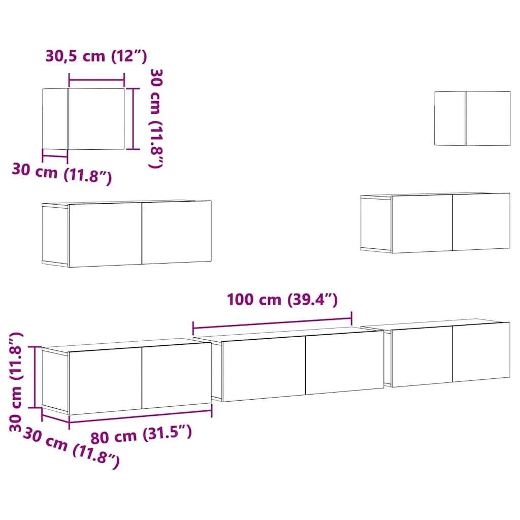 7 Piece TV Cabinet Set White Wall-Mounted Storage Unit Engineered Wood