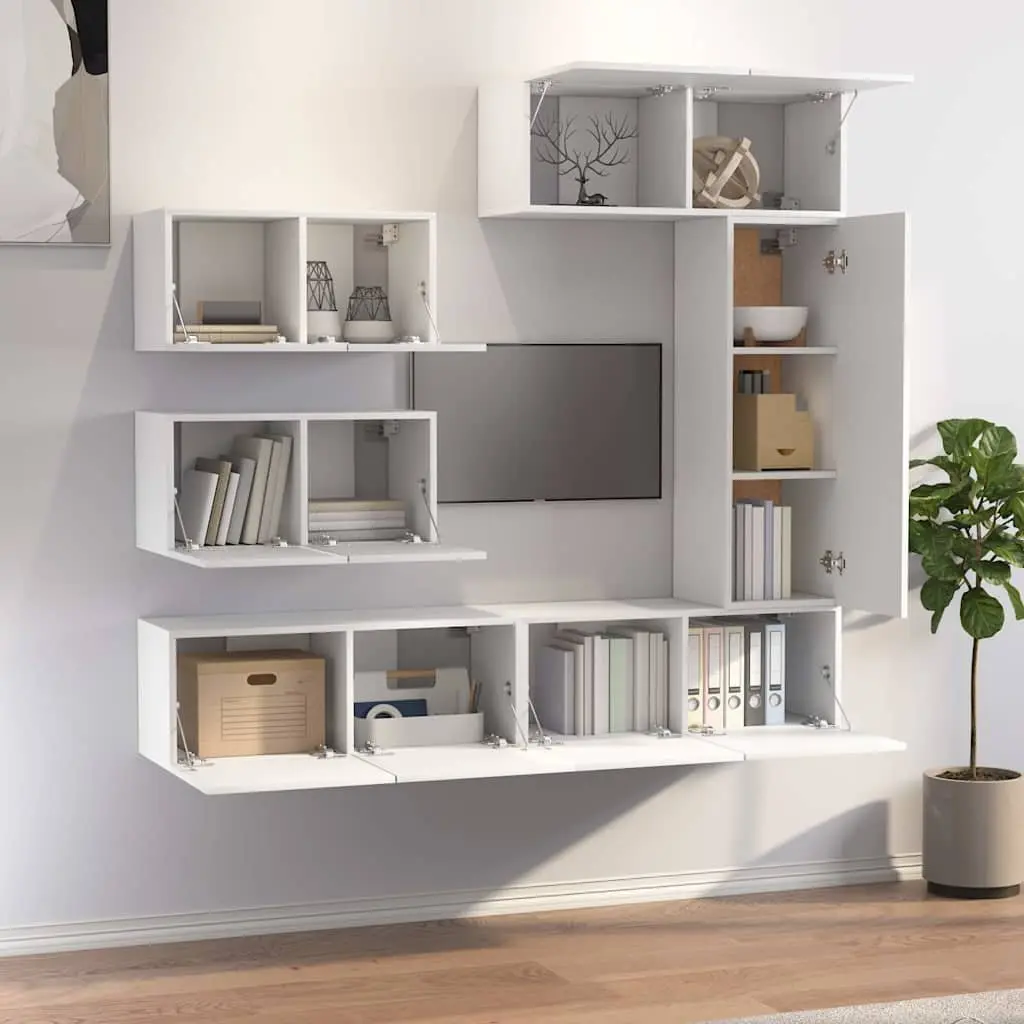 White Engineered Wood TV Cabinet Set 6 Piece Wall Mounted Storage Unit Living
