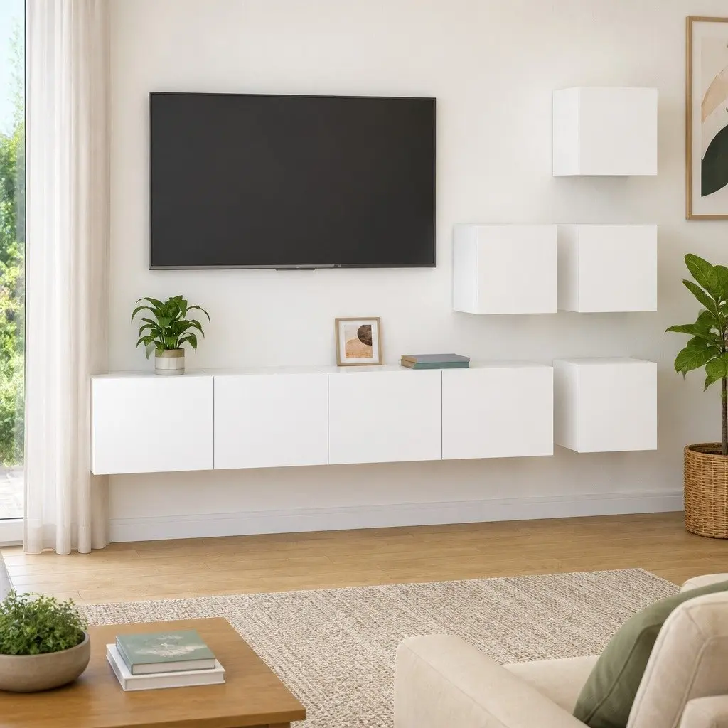 White Floating Storage Unit Wall Mounted TV Cabinet Engineered Wood Display