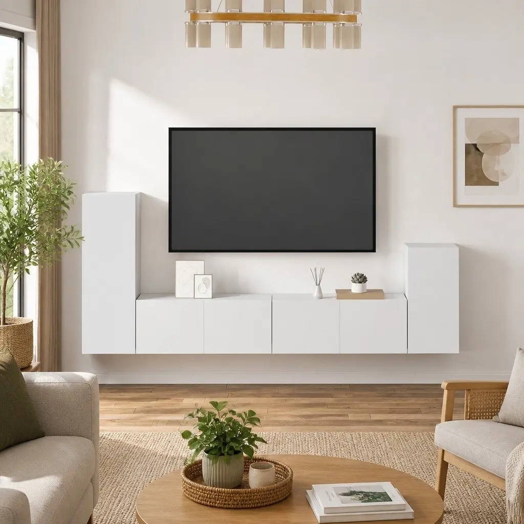 4 Piece White TV Cabinet Set Wall-Mounted Storage Unit Engineered Wood Furniture