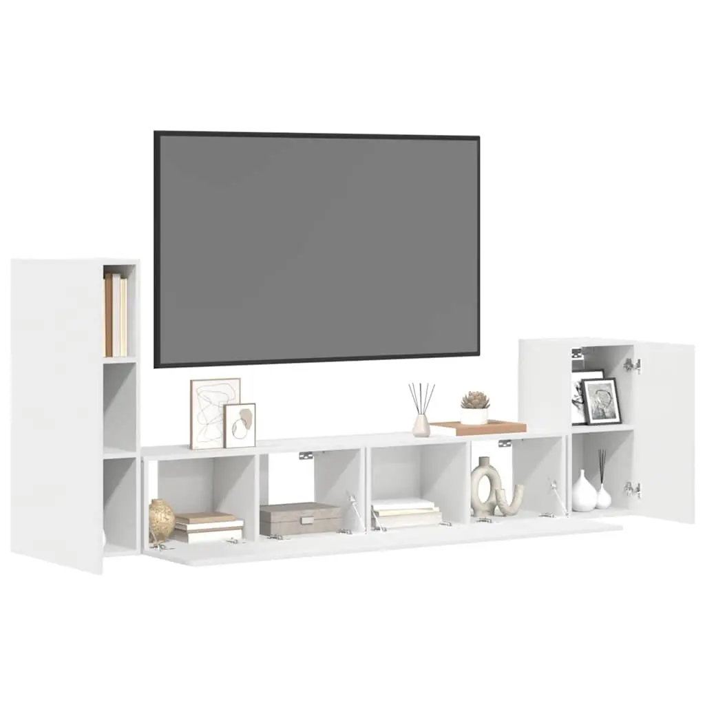 4 Piece White TV Cabinet Set Wall-Mounted Storage Unit Engineered Wood Furniture