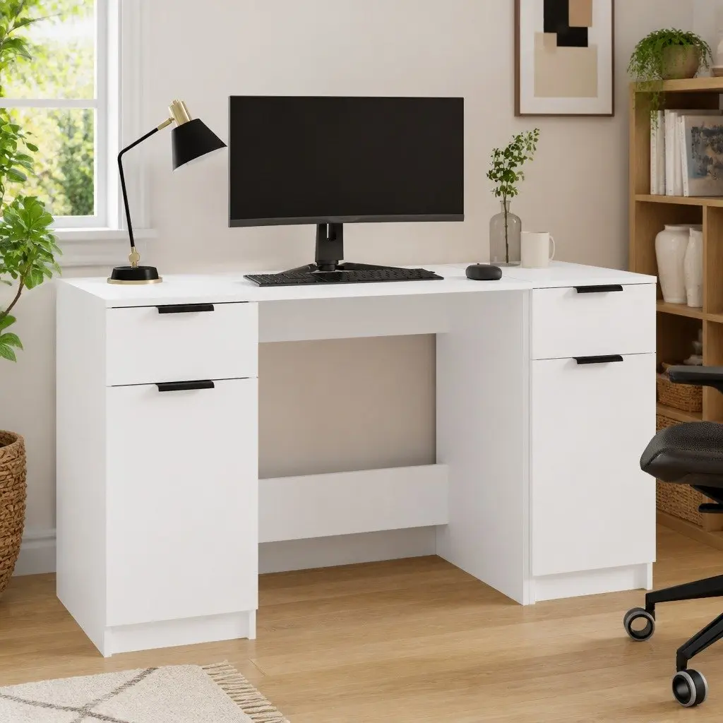 Office Desk Writing Table with Side Cabinet Storage Compartments White