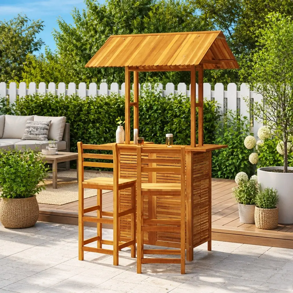 Garden Bar Set 3 Piece Outdoor Furniture Bistro Table Stools Brown Wood