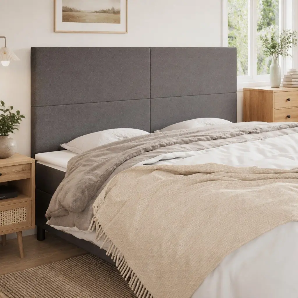 Fabric Headboard Adjustable Height Grey Back Support Bedroom Furniture Wooden Legs