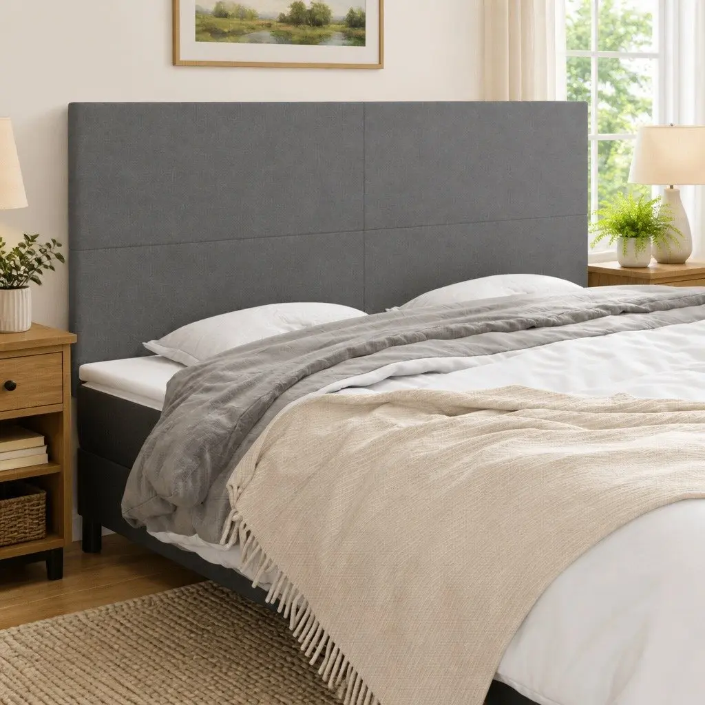Headboard Adjustable Height Dark Grey Fabric Bedroom Furniture Wooden Legs
